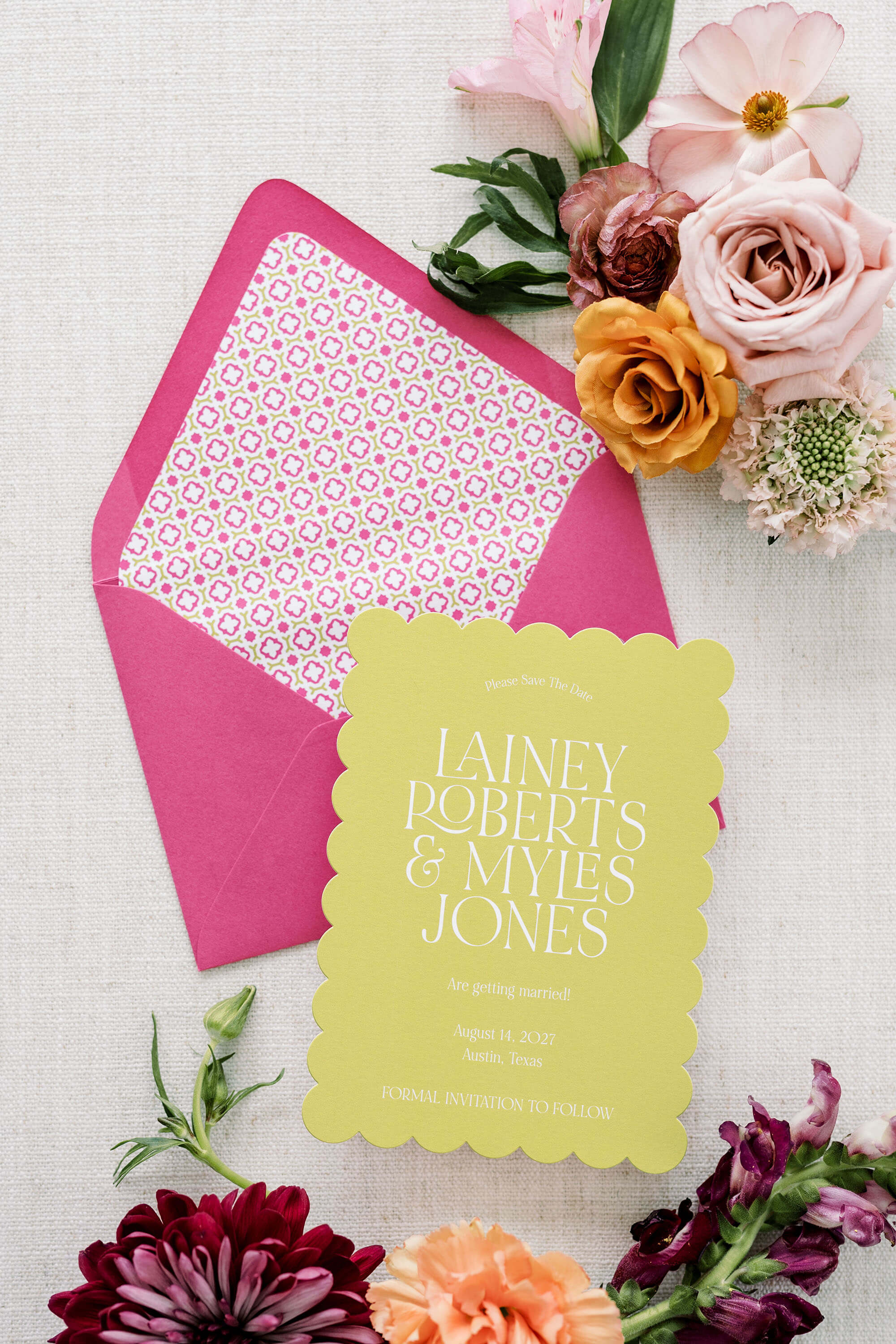 Colorful wedding save the date card with scalloped edge