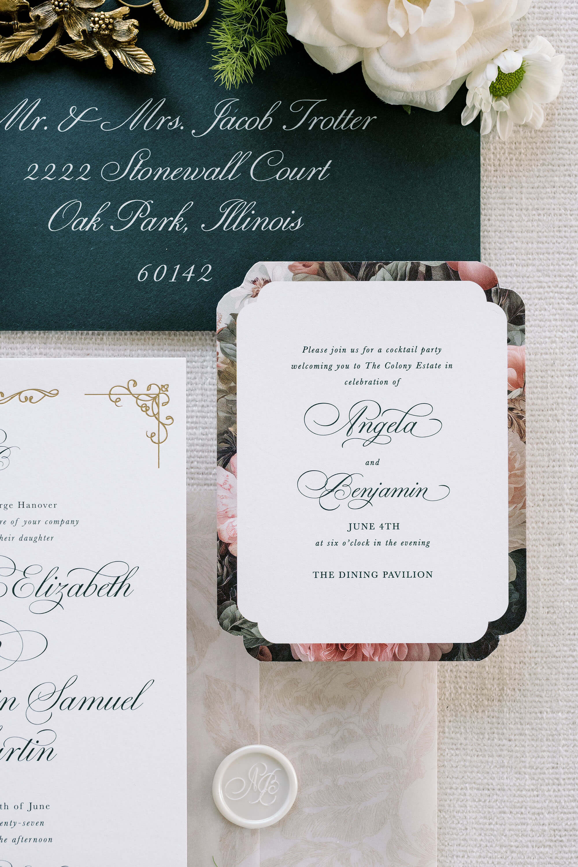 Wedding invitation card with floral border and wax seal