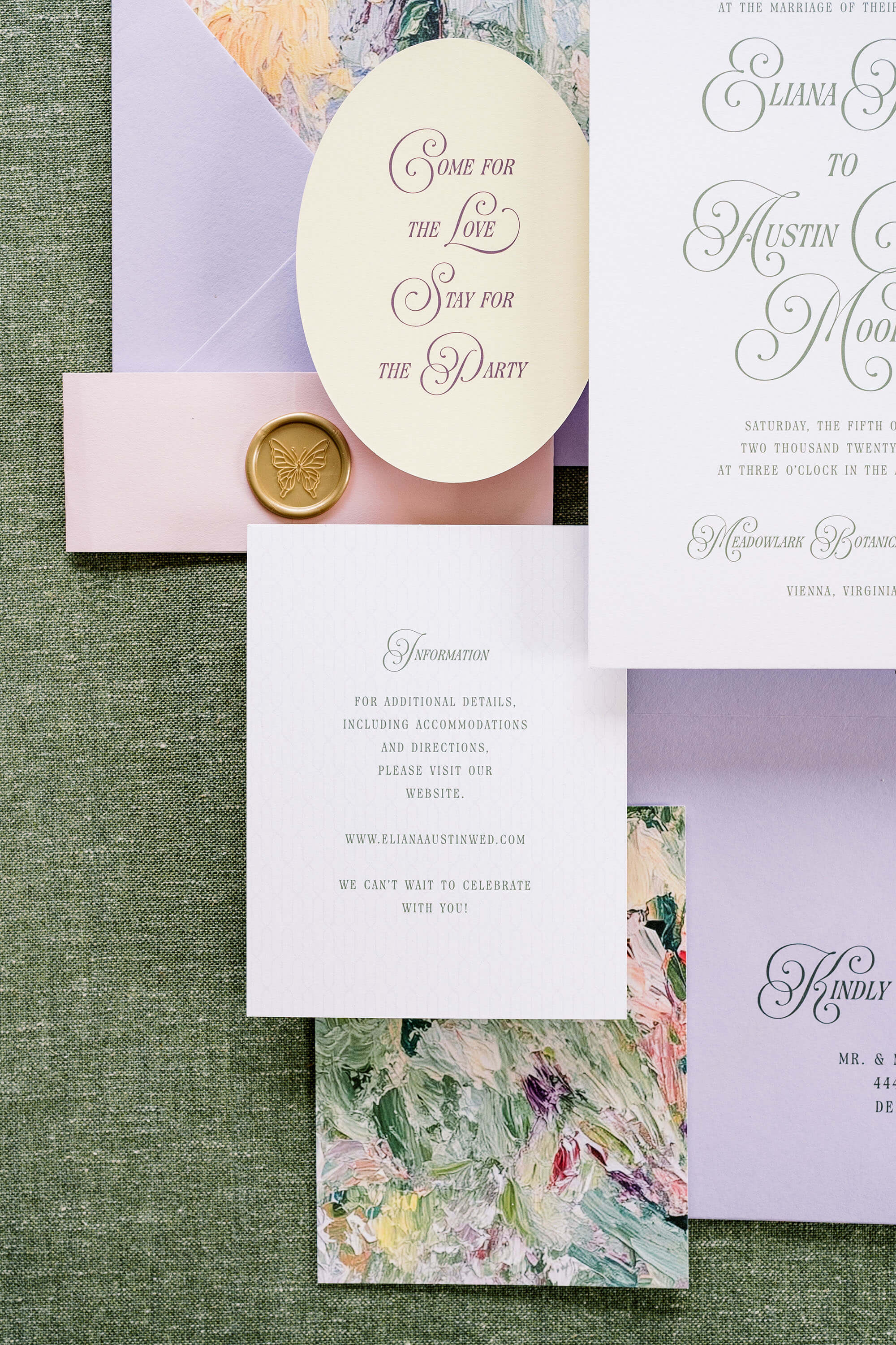 Garden Wedding invitation set with floral envelope liner on textured background