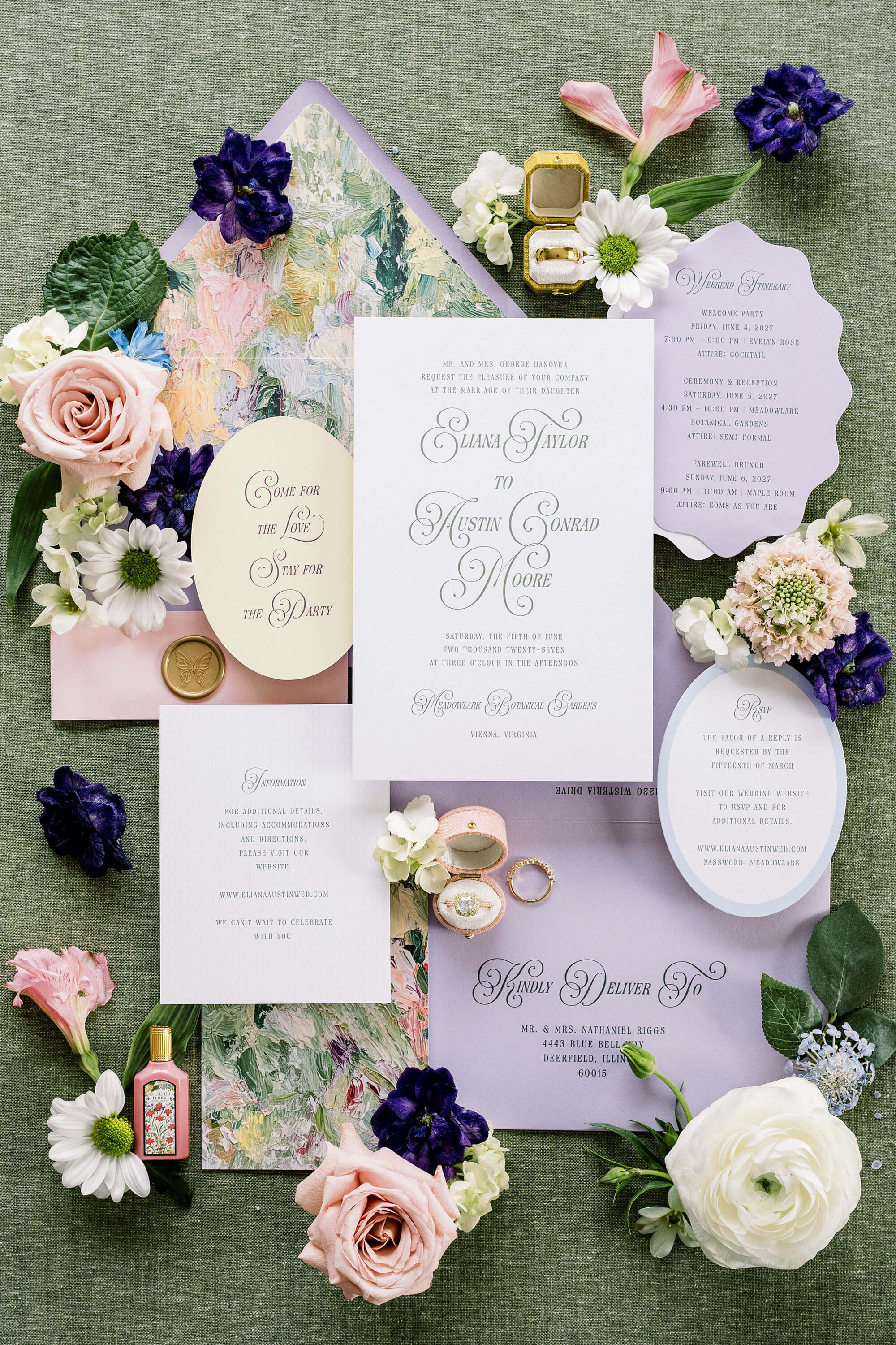 Garden Wedding invitation set with floral decorations on a green background