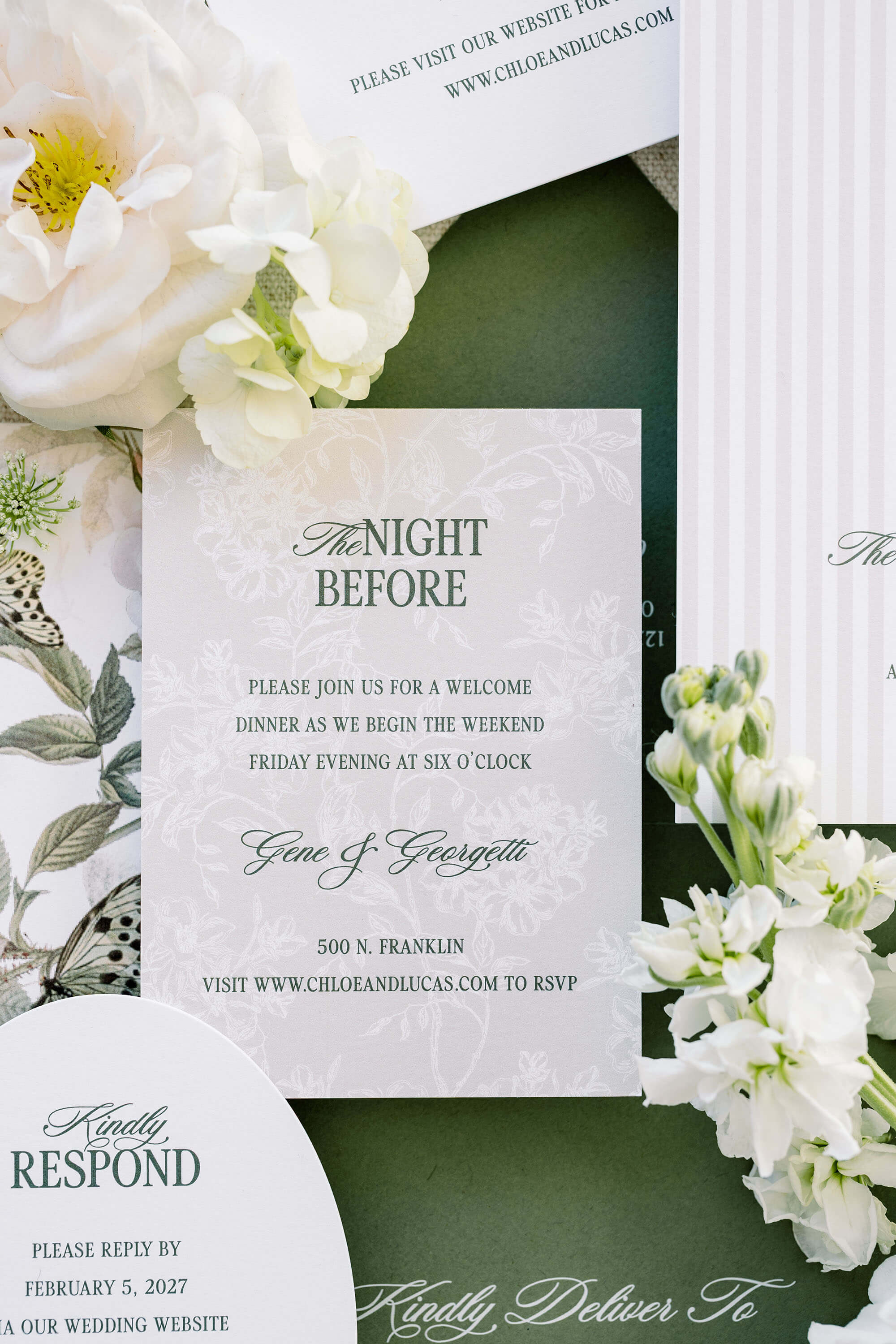 Old Money Wedding invitation card enclosure with floral decorations on a green background