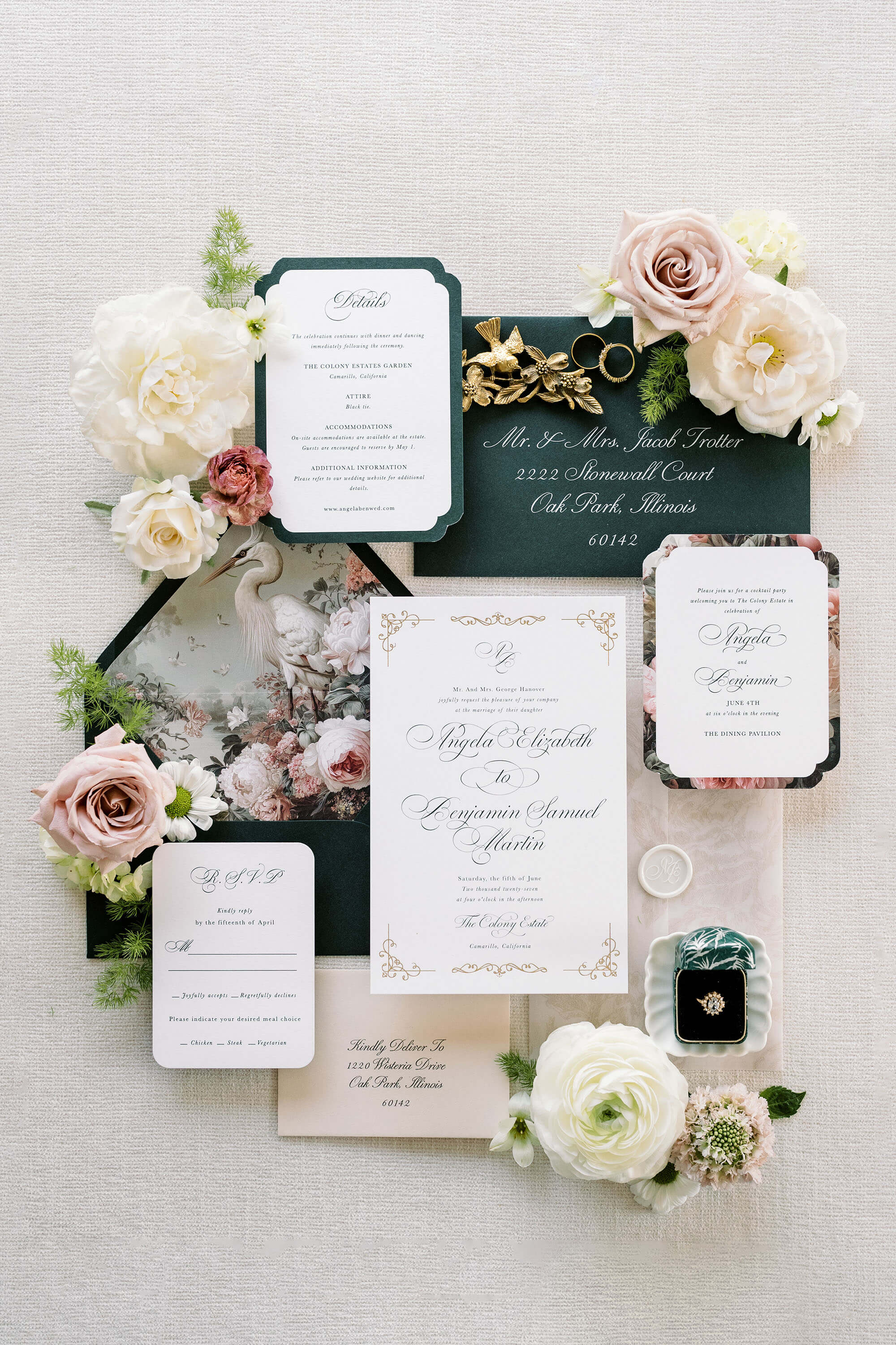 Vintage Wedding invitation set sample kit with floral decorations on a light gray background