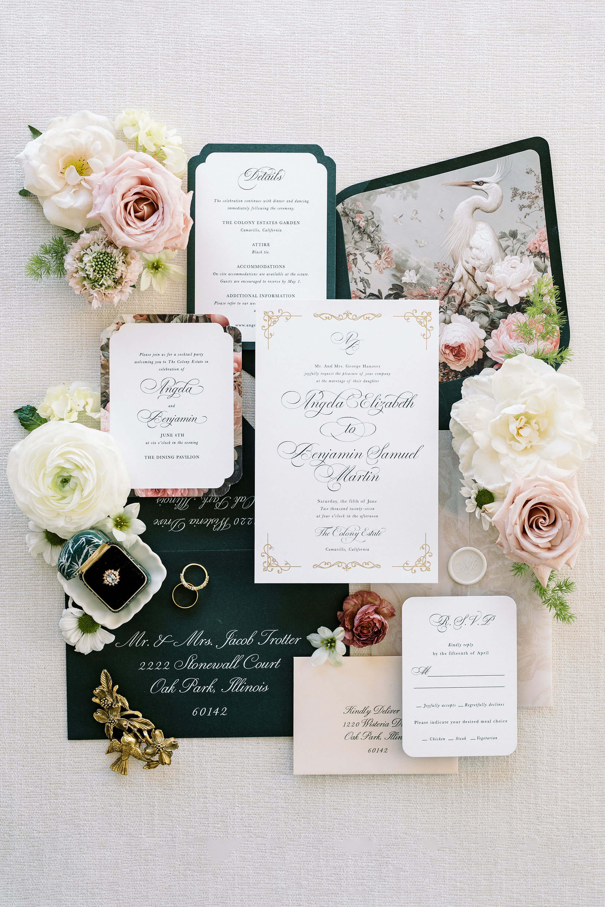 Vintage Wedding invitation set with floral decorations on a light gray background