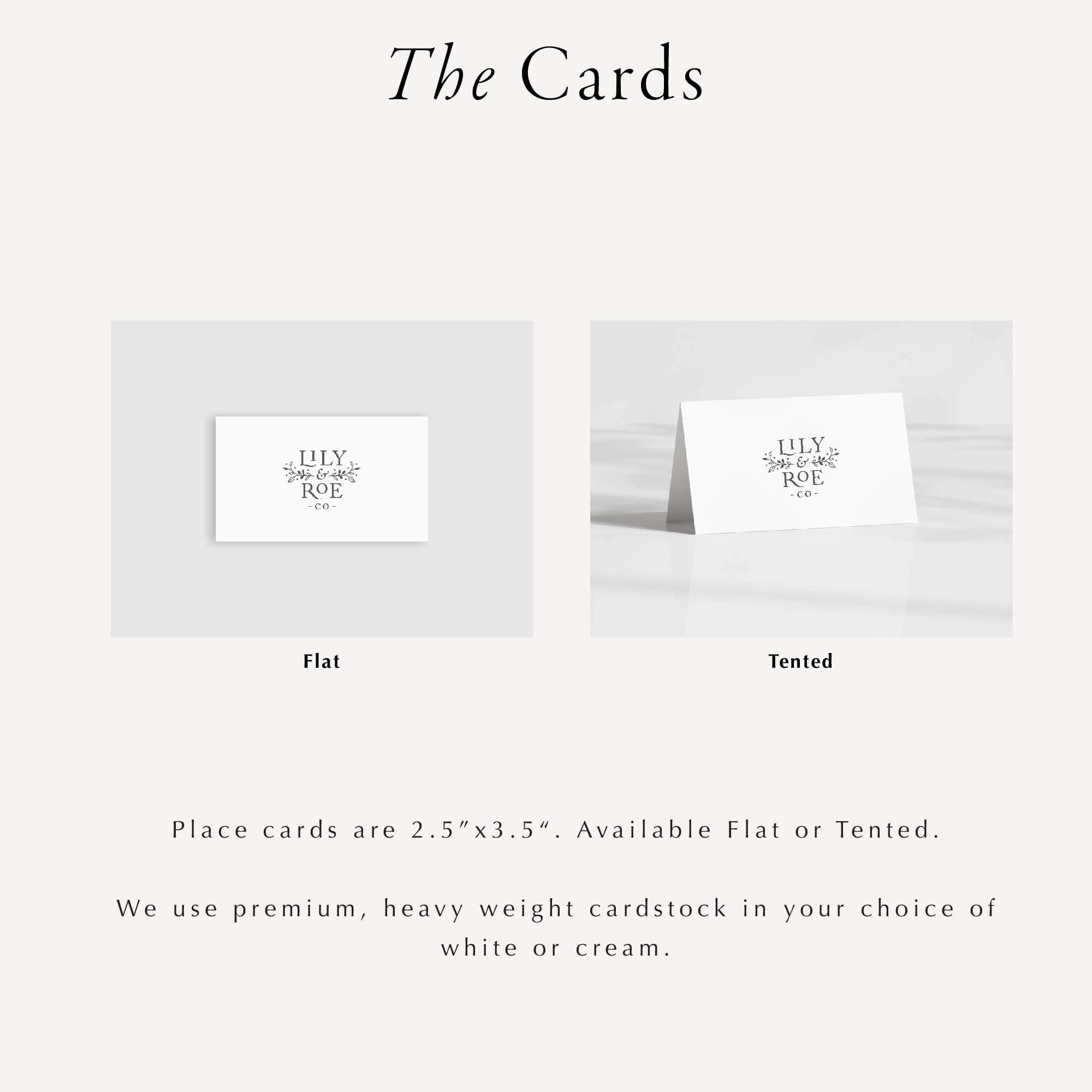 two different types of place cards, one flat and one tentable, available in various sizes. The cards are made of premium, heavy weight cardstock, and the user has the option to choose between flat or tentable designs.