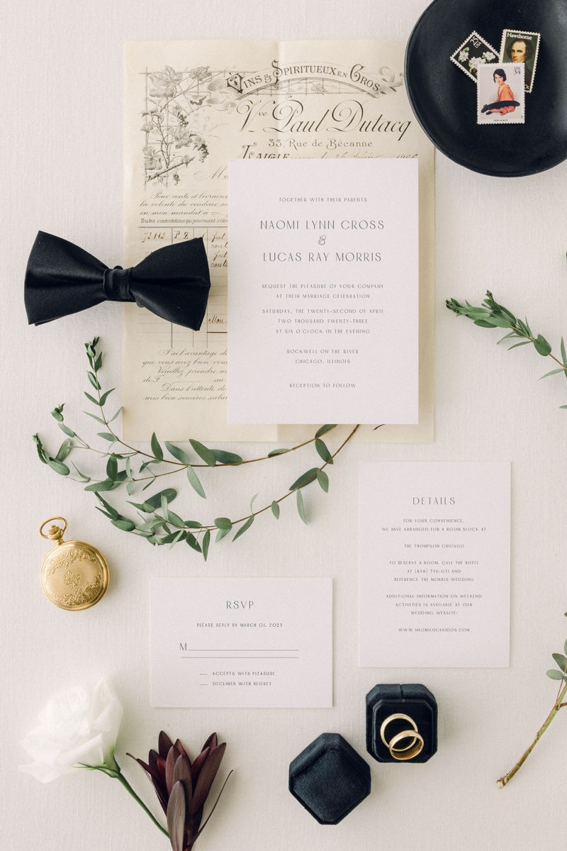 Black and white letterpress wedding invitation by Lily & Roe Co.