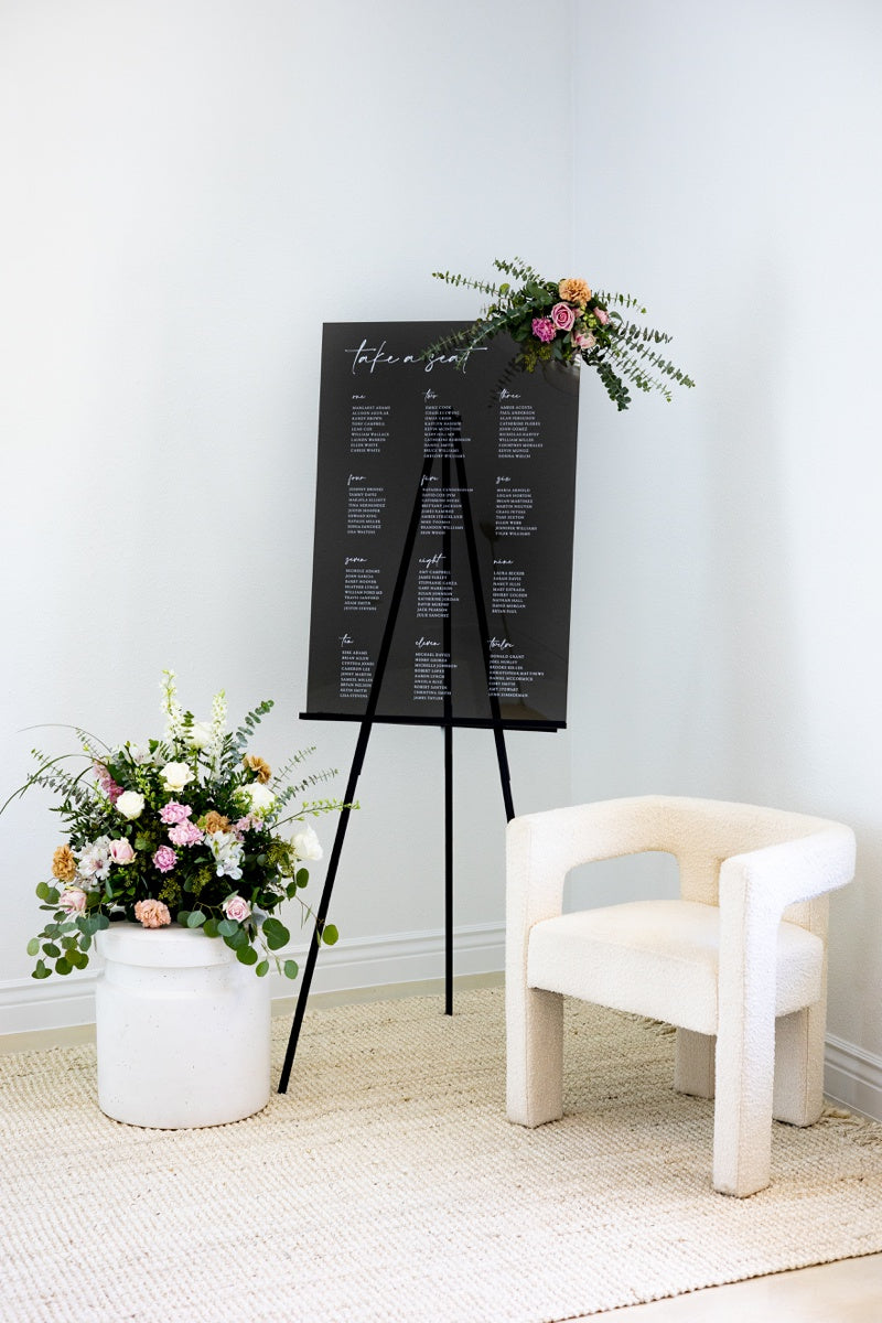Black acrylic wedding seating chart by Lily & Roe Co.