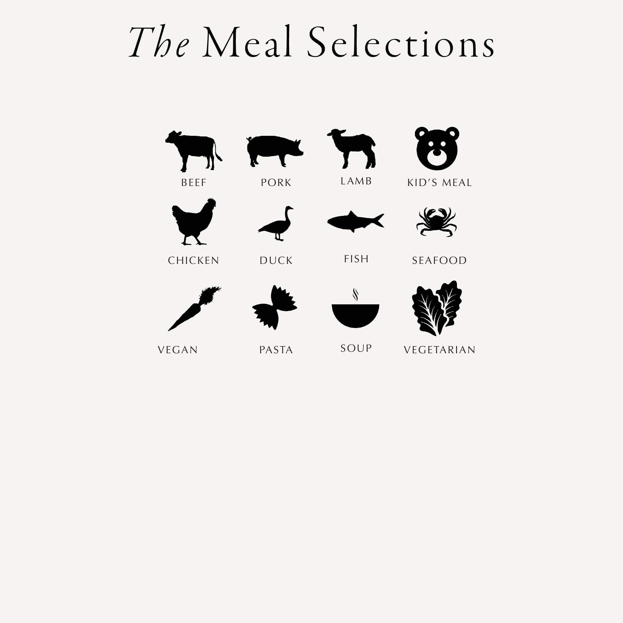 a collection of twelve black silhouettes representing various food items, including animals, vegetables, and dishes, arranged in a grid format.