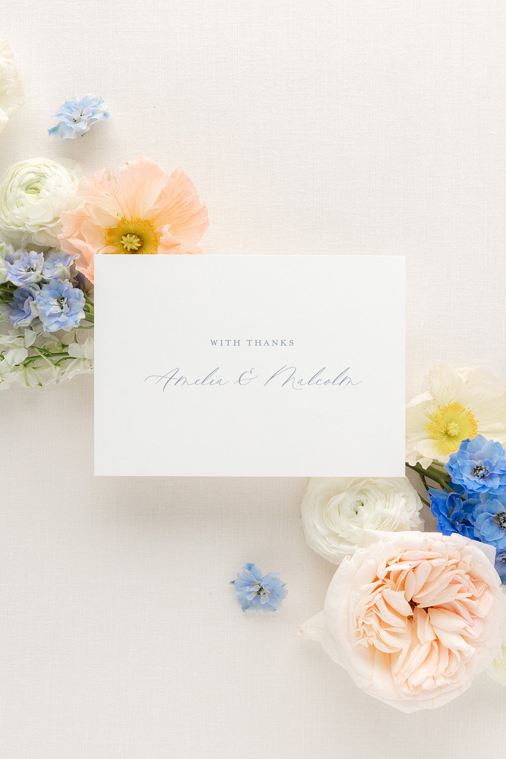 personalized simple wedding thank you card with blue text