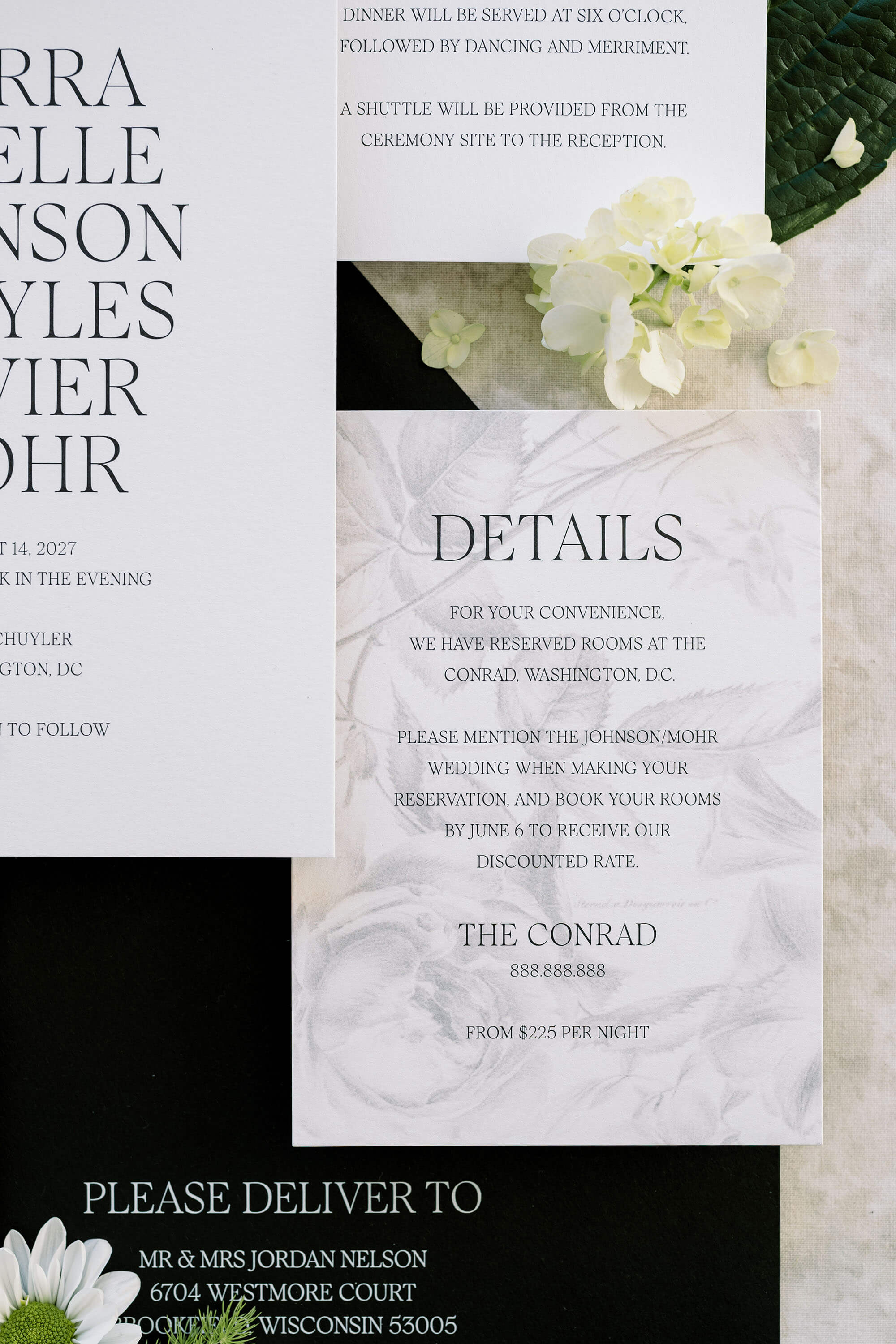elegant black and white Wedding invitation card with floral design
