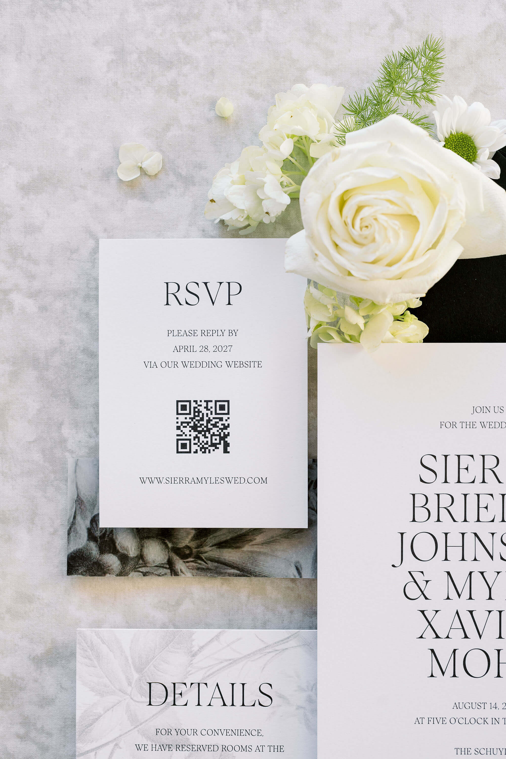 Black and white rsvp card with qr code