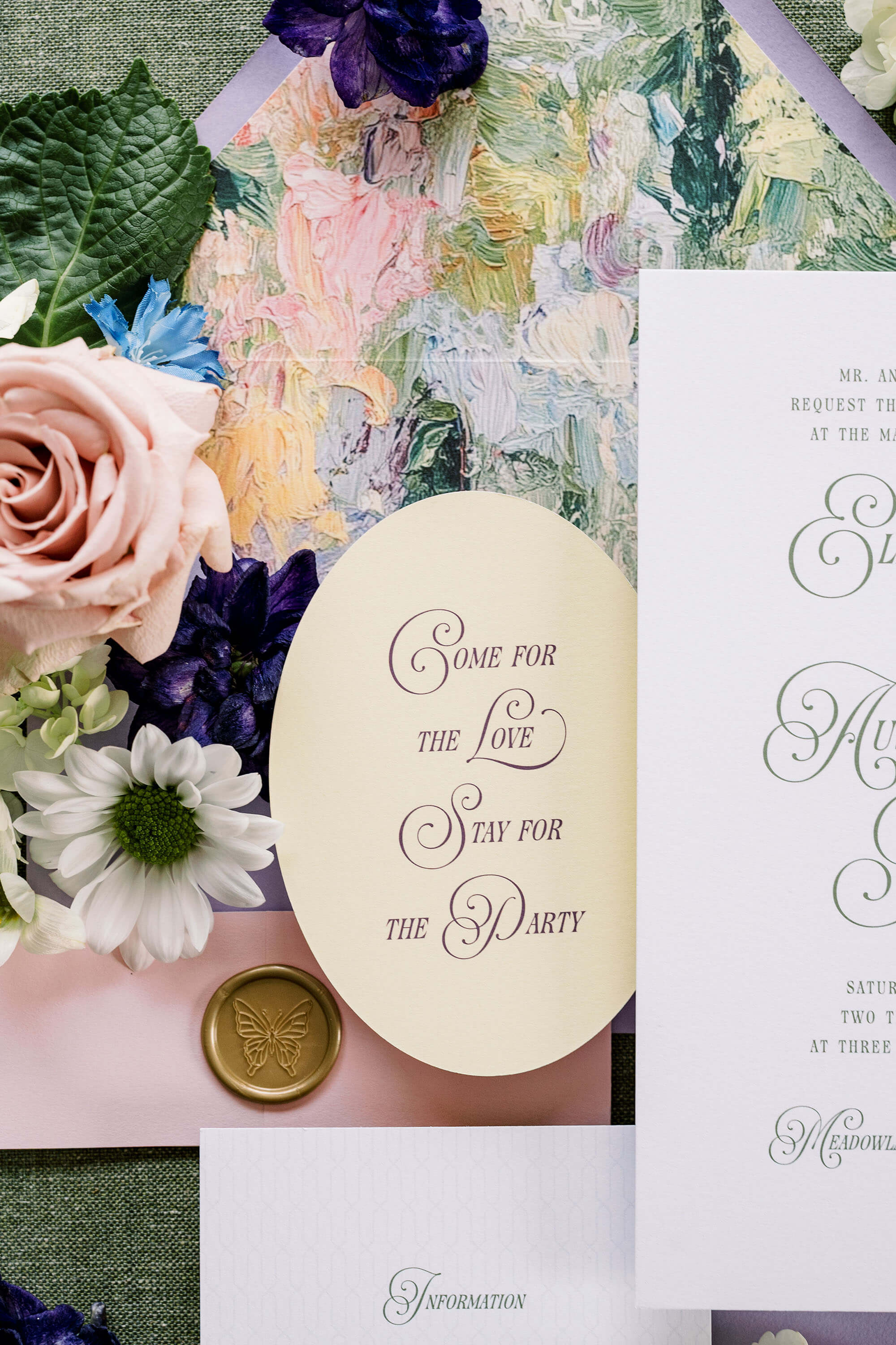 Yellow Oval Invitation card with floral decorations and text 'Come for the Love, Stay for the Party'.
