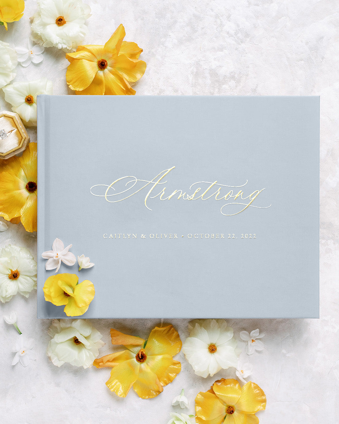 Traditional wedding guest book light blue with gold foil