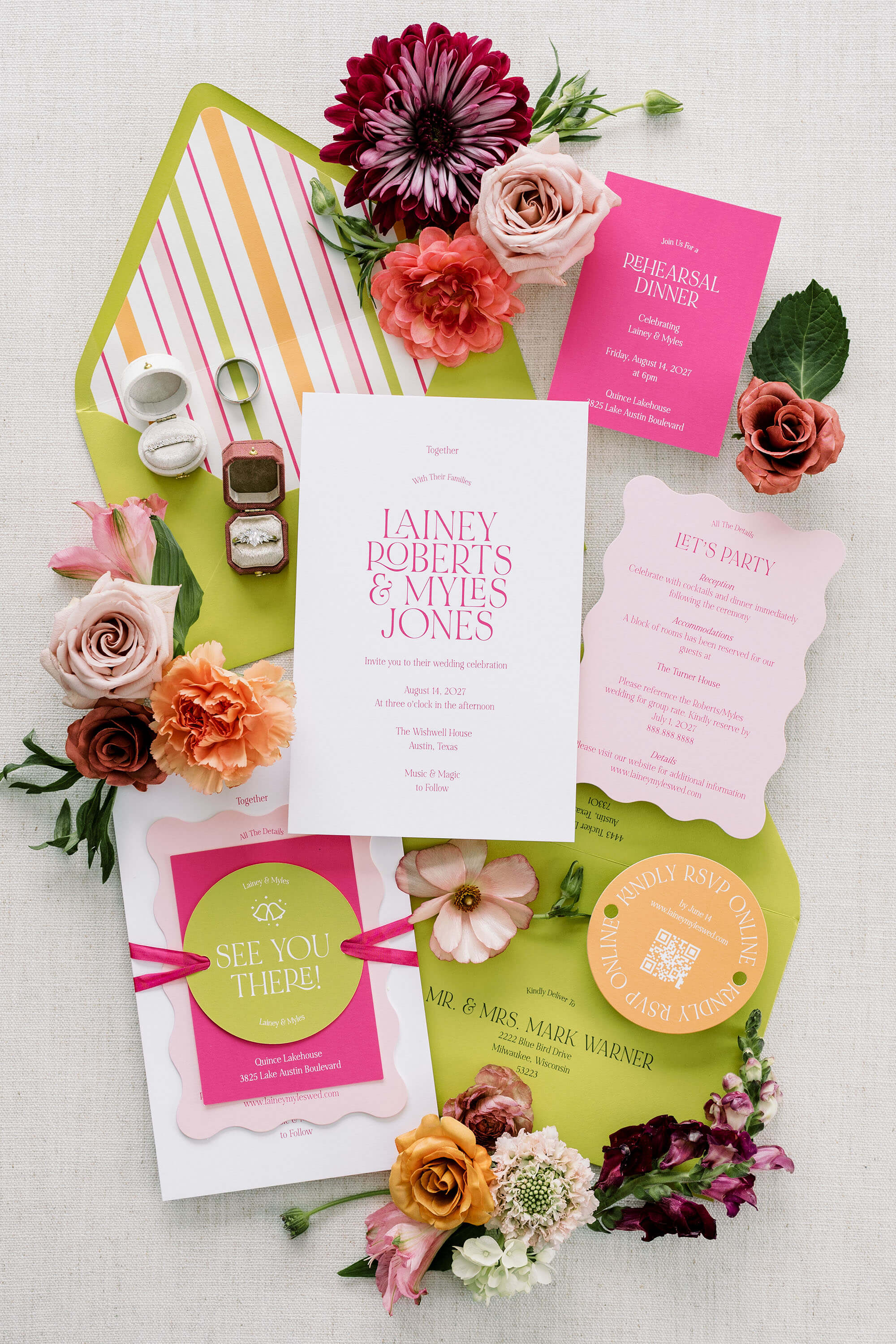 Funky wedding invitation set with flowers on a light background