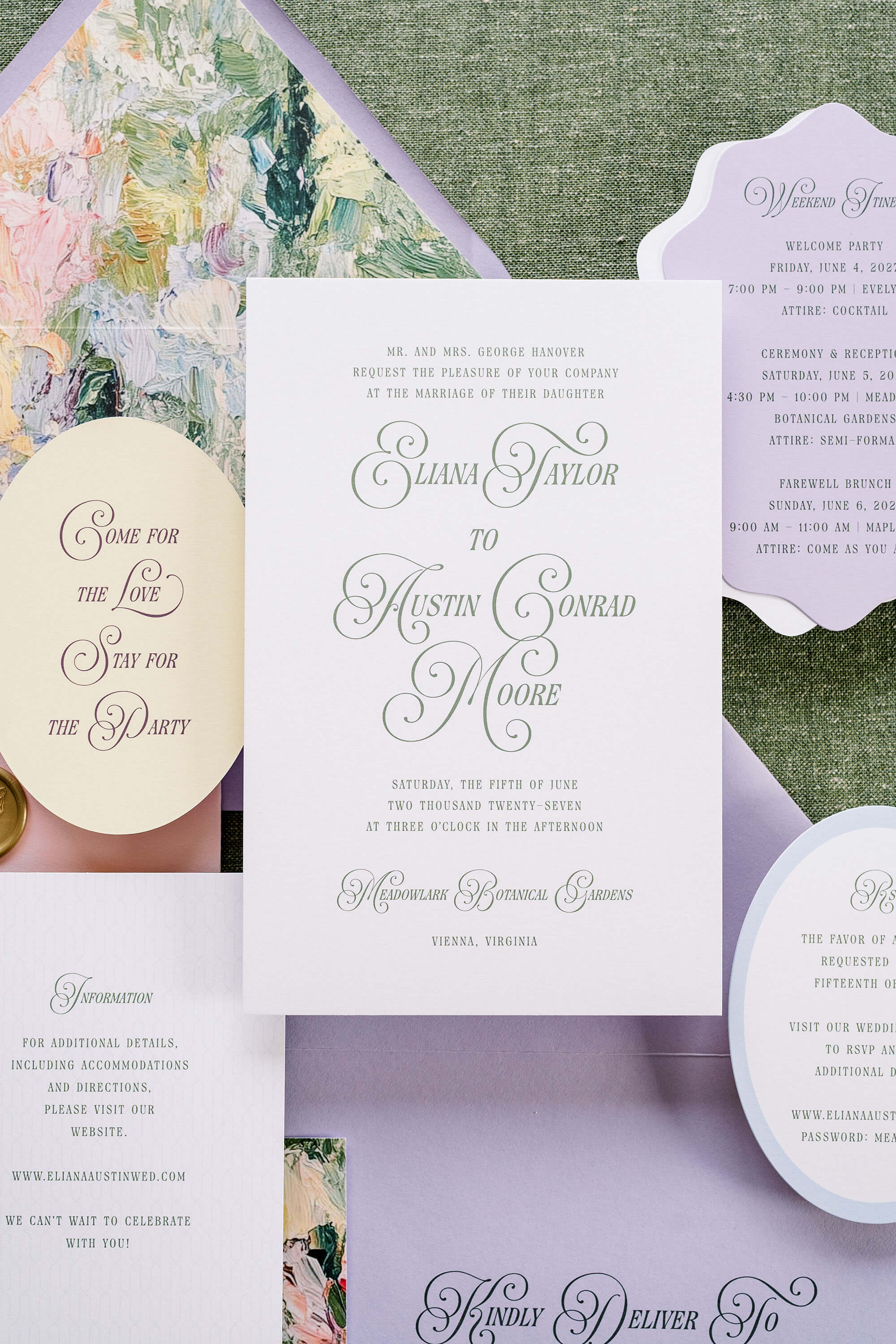 Garden Wedding invitation suite with floral design and text on a textured surface