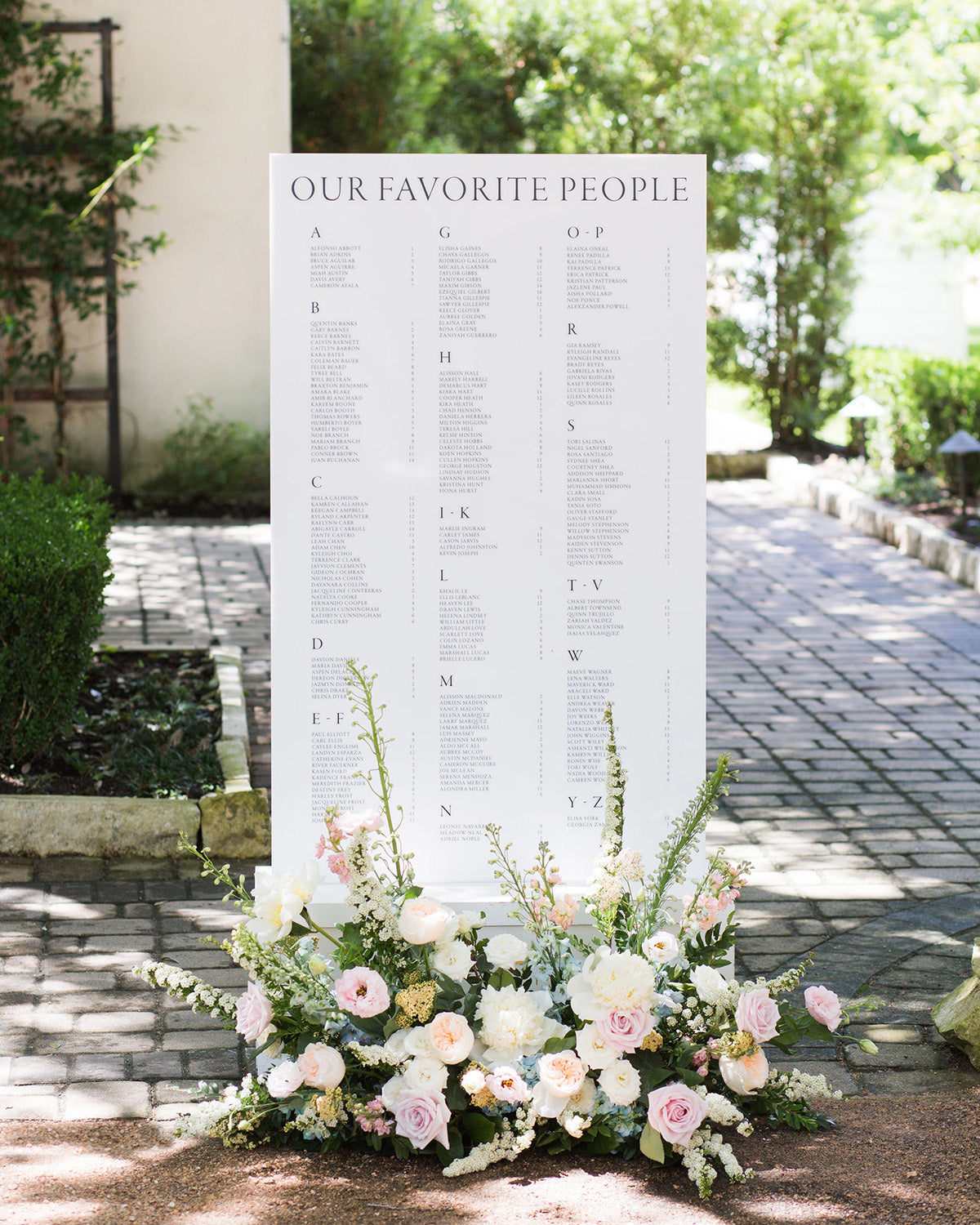 Seating chart for 'Our Favorite People' with floral arrangement in front