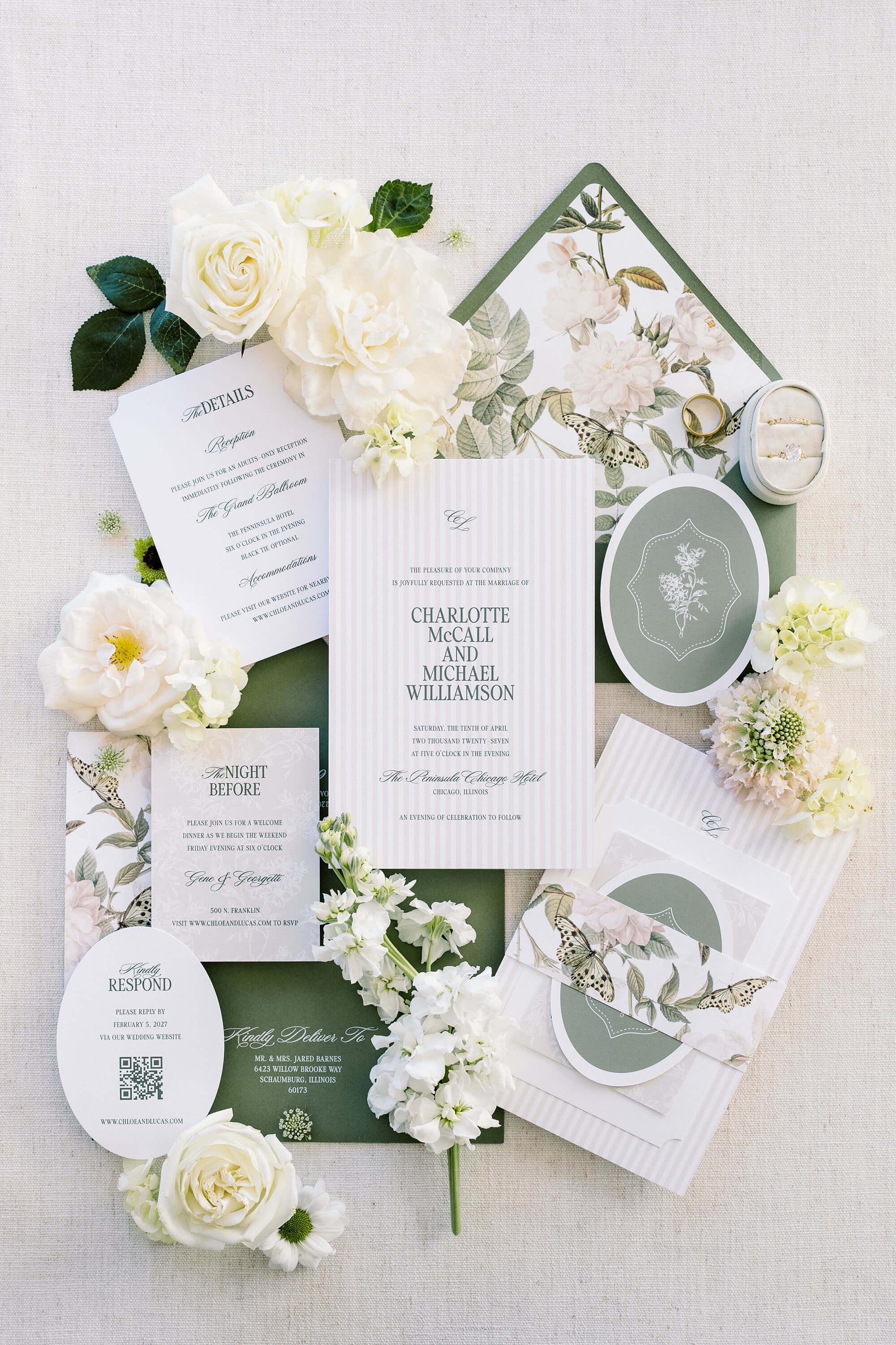 Old Money Wedding invitation set with white flowers on a light background