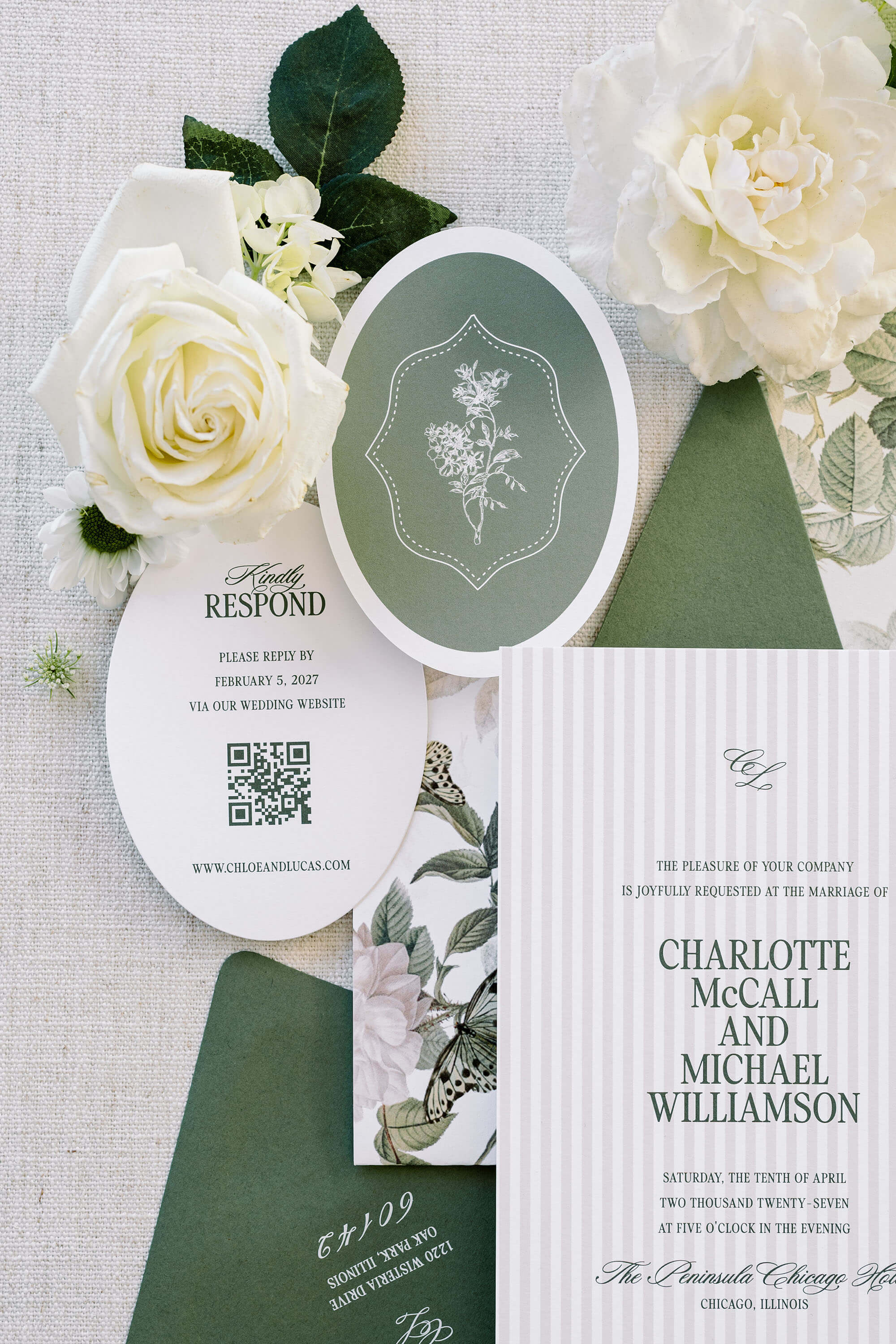 Old Money Wedding invitation set with RSVP card with QR code floral design on a textured surface