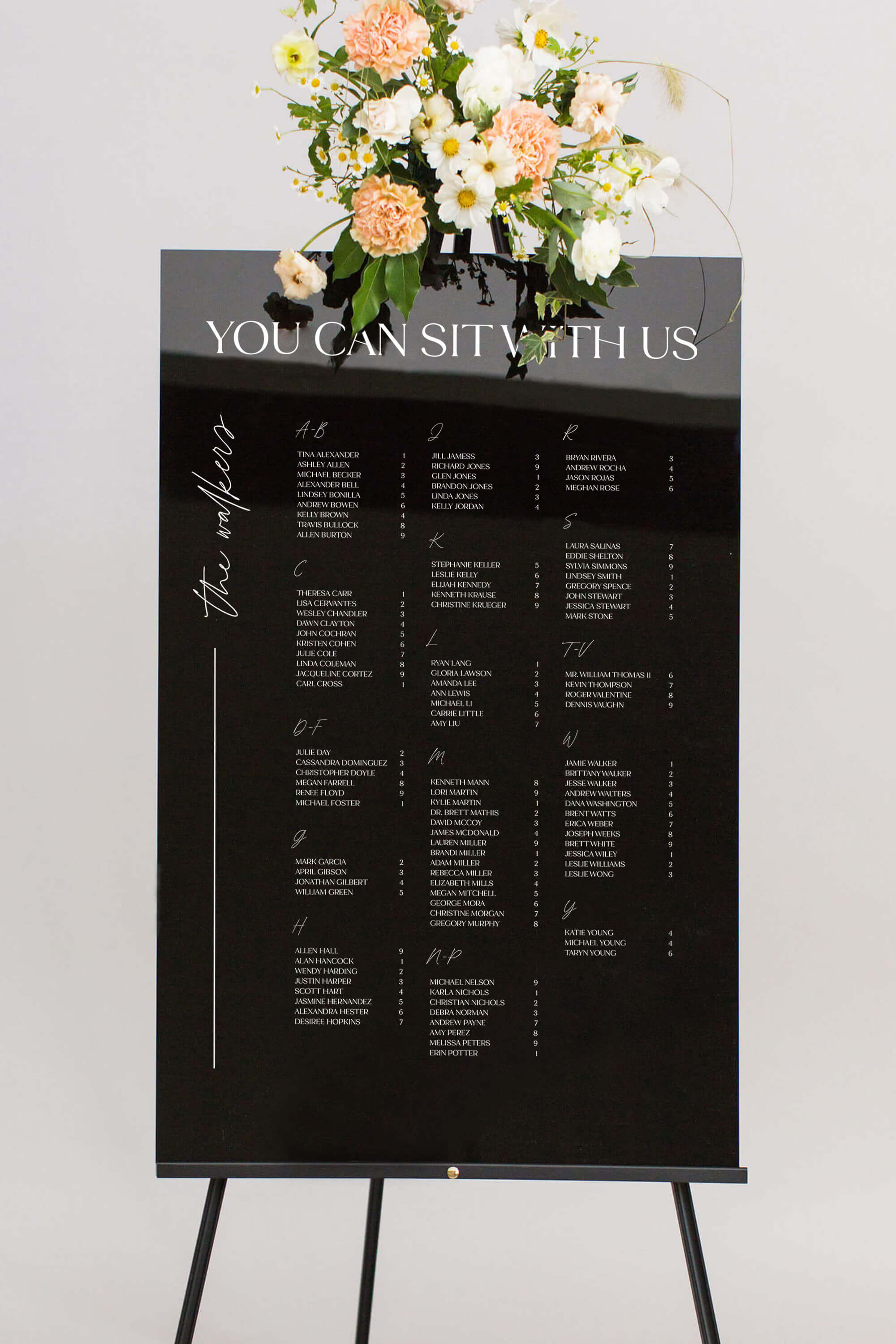 Seating Chart By Last Name Black Acrylic Lily Roe Co.